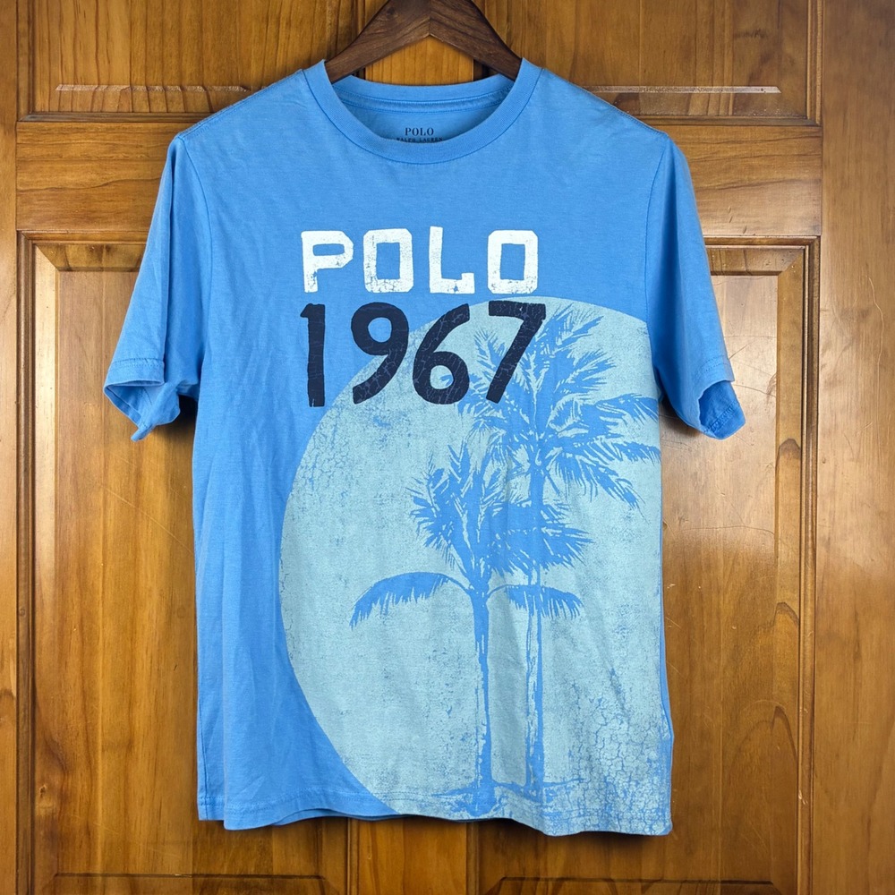 Polo Ralph Lauren Boys Blue Palm Tree Graphic T-Shirt 1967 Sz L 14/16 Preppy